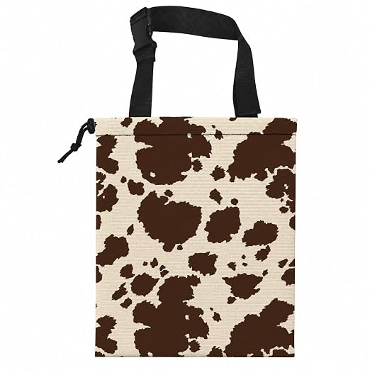 Dark Brown Cow Print Car Garbage Bag Canvas Trash Can | Rustic Animal Print Drawstring Car Trash Bag Hanging for Back Seat with Adjustable Buckle