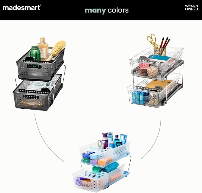 madesmart Two Tier Pull Out Organizer, Frost | adjustable dividers, tiered access, cleaning supplies, under sink use, pantry bottles, woman owned