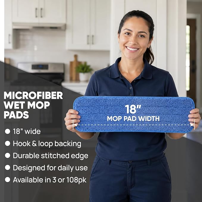 Microfiber Wholesale 18" Microfiber Wet Mop Pads, Bulk Case of 108 – Reusable, Machine-Washable Refills with Hook-and-Loop Backing – Fits Standard 18-Inch Flat Mop – Commercial Mop Pad Replacements