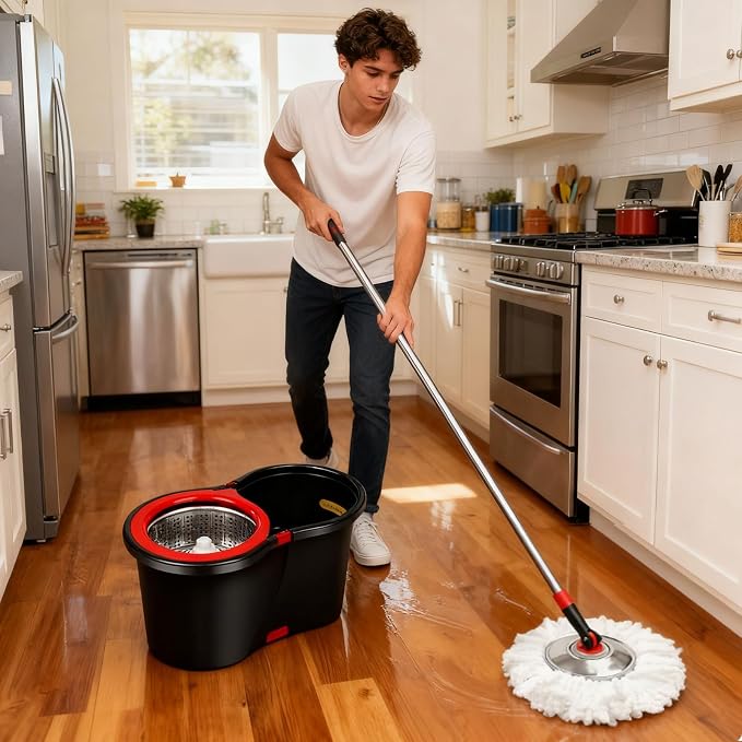 Spin Mop and Bucket with Wringer Set, 360°Rotating Head Mop Bucket System, 3 Replacement Mop Heads for Floor Cleaning (Black & Red) (A mop Head)