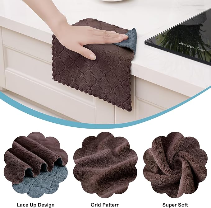 Homaxy 12 Pack Super Soft Dish Cloths, 10" x 10", Dark Grey & Brown | Coral Velvet, Nonstick Oil Fast Drying Microfiber Cleaning Cloth, No Lint Household Dishcloths