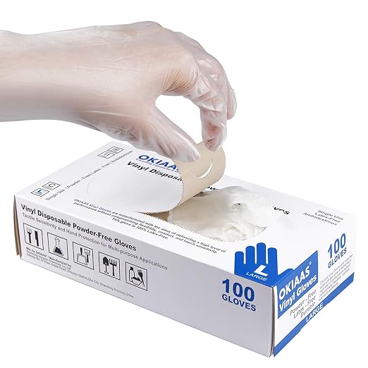 OKIAAS Clear Vinyl Disposable Gloves, Latex-Free, Powder-Free | Food Safe, 100 Count Disposable Gloves for Food Prep, Cooking, Cleaning, Hair Dye, Kitchen