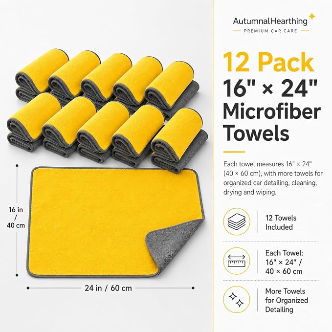 Microfiber Towels for Cars 12 Pack, 16" x 24" Yellow/Grey 500 GSM Professional Car Detailing Towels, Soft Stitched Edge Cloths for Washing, Polishing, Buffing, Glass & Interior