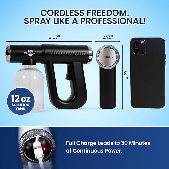Nano Spray Gun, Cordless Barber Spray Bottle and Mist Atomizer, Black | Continuous Mister for Fades and Hairline Work, 320ml Tank Salon Styling Accessory, Blue Light Nozzle, USB-C, 1 Year Warranty