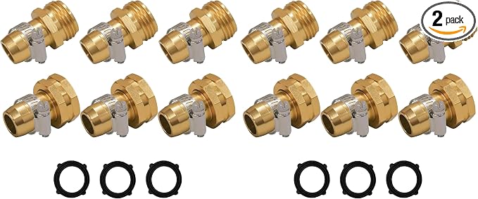 Hourleey Garden Hose Repair Connector with Clamps, Fit for 3/4" or 5/8" Garden Hose Fitting, Male and Female Hose Adapter Water Hose Repair Kit, 3 Set (Pack of 2)