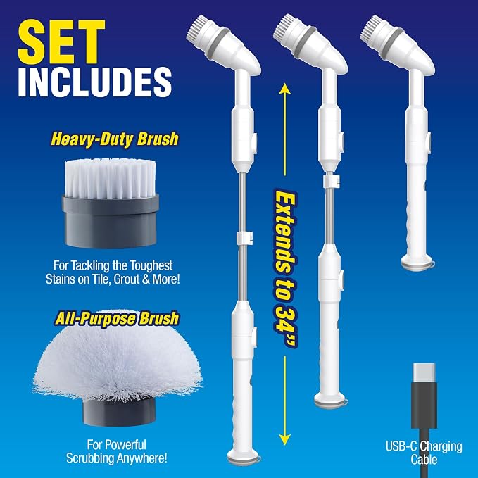 Voom Electric Spin Scrubber, Cordless Shower Spinning Brush with 2 Replaceable Brush Heads & Adjustable Handle, Rechargeable Spinning Brush for Cleaning Bathroom Tub, Floor & Wall Tiles, Car Wheels