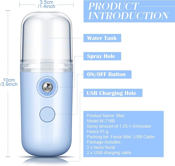 Honoson 2 Pack Nano Facial Mister for Lashes Sprayer,Black and Blue | USB Rechargeable Handheld Humidifier with Eyelash Extensions, 1 Oz Portable Sprayer Ideal for Makeup Skin Hydration