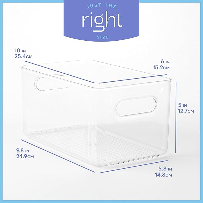 Plastic Food Storage 6 Pack Clear Container Bin with Handles for Organizing Kitchen, Pantry, Fridge, Freezer, Pantry,Bathroom. 10"x6"x5"