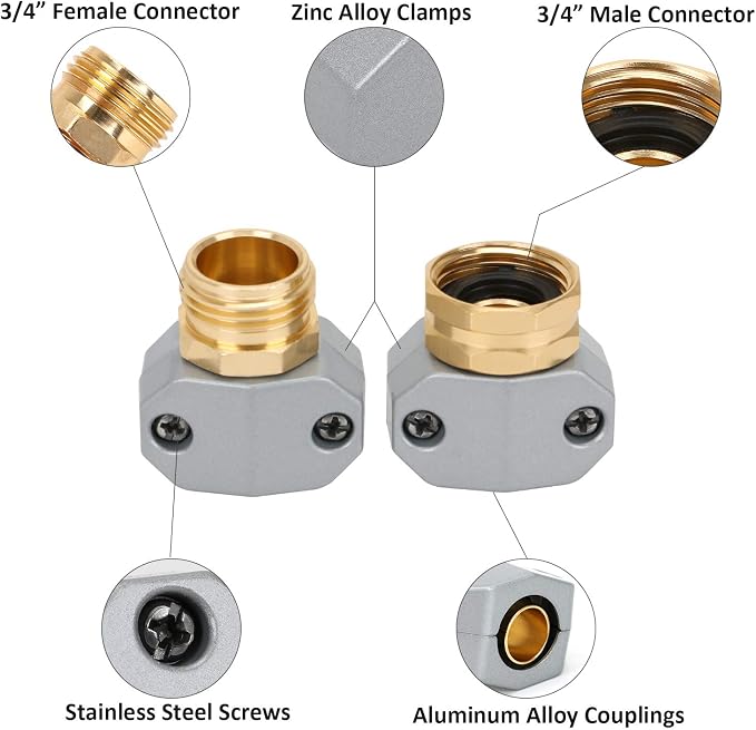 STYDDI Garden Hose Repair Connector Fitting, Aluminum Mender Female and Male Hose End Connector with Zinc Clamp, Fit 5/8-Inch and 3/4-Inch Garden Hose, 3 Sets