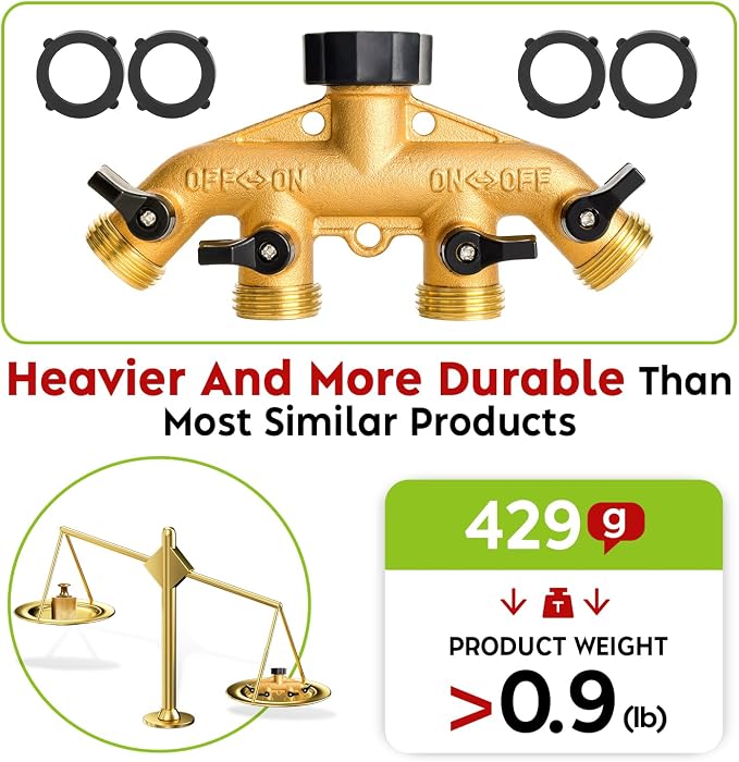 Brass 4 Way Faucet Splitter, 4 Port Manifold, 4-Way Garden Hose Splitter, 3/4" Heavy-Duty Spigot Adapter with Individual Shutoff Valves, Solid Brass Manifold, Leak-Resistant