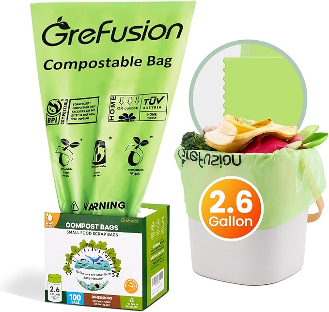 GreFusion 2.6 Gallon Compostable Trash Bags, 100 Count, Extra Thick 0.71 Mil, Certified by BPI and ASTM D6400, Perfect Fit for Small Trash Cans