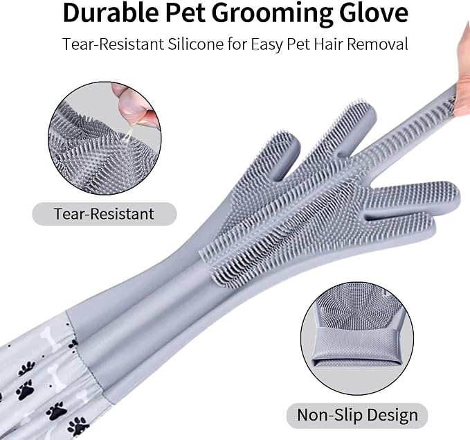 Long Sleeve Dog & Cat Washing Gloves, Pet Bathing Grooming Tool (Gray)