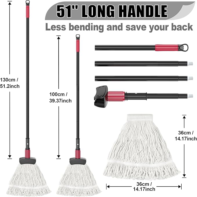 Commercial Mops for Floor Cleaning - Looped-End Heavy Duty Wet Mop | String Mop with 51" Long Handle,1 Reusable Cotton Head,for Home Garage Kitchen Hardwood Wood Tile Multi-Surfaces