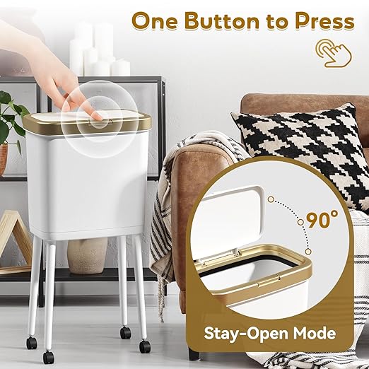 Procade 4 Gallon Bathroom Trash Can on Wheels,Slim Rolling Gold Garbage Can | Tall Skinny Trash Bin with Legs and Pop-Up Lid,Dog Proof Trash Bin,White Plastic Garbage Bin for Near Desk,Bedroom,Kitchen