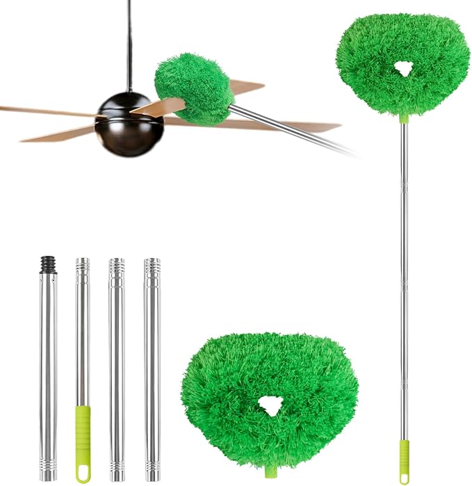 Ceiling Fan Cleaner Duster Reusable Microfiber Ceiling Fan Blade Cleaner Removable Duster with Extension Pole Adjusts 13 to 49.7 Inch for Cleaning Walls Bookshelves Furniture Door Window Top (Green)