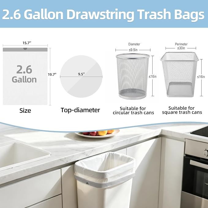 2.6 Gallon Trash Bags, 200 Count White Trash Bags Drawstring Small Garbage Bags Thick Pre-separated Unscented Trash Can Liners for Bathroom Office Kitchen Bedroom Home