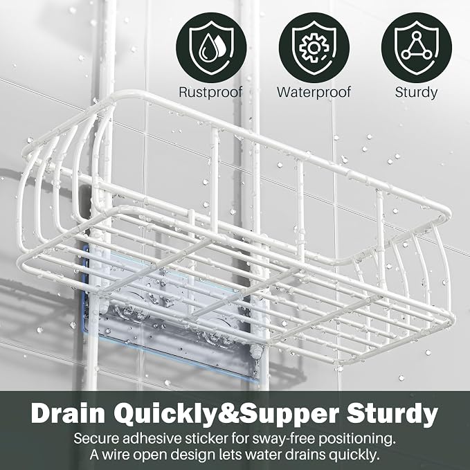 Epicano Shower Caddy Hanging Over Head, White,Stainless Steel | Rustproof,4 Hooks for Towels,Sponge and & Bathroom Accessories,Anti-Swing Suction Cups & Adhesive hooks
