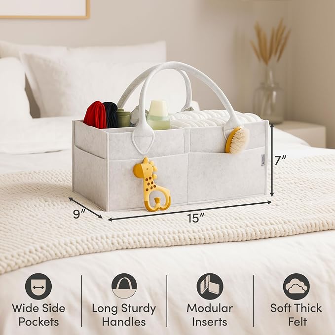 PUTSKA Baby Diaper Caddy Organizer, Felt Nursery Basket, White, Large