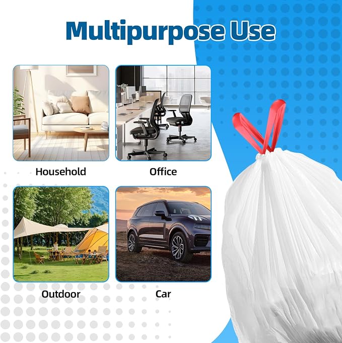 KUK 1.6 Gallon Drawstring Trash Bags - 60 Count White Small Garbage Bags, Unscented Strong Plastic Waste Basket Liners for Home/Office/Car, Fits 4.5-8 Liter Bins, 6 Rolls with Tear-Free Design