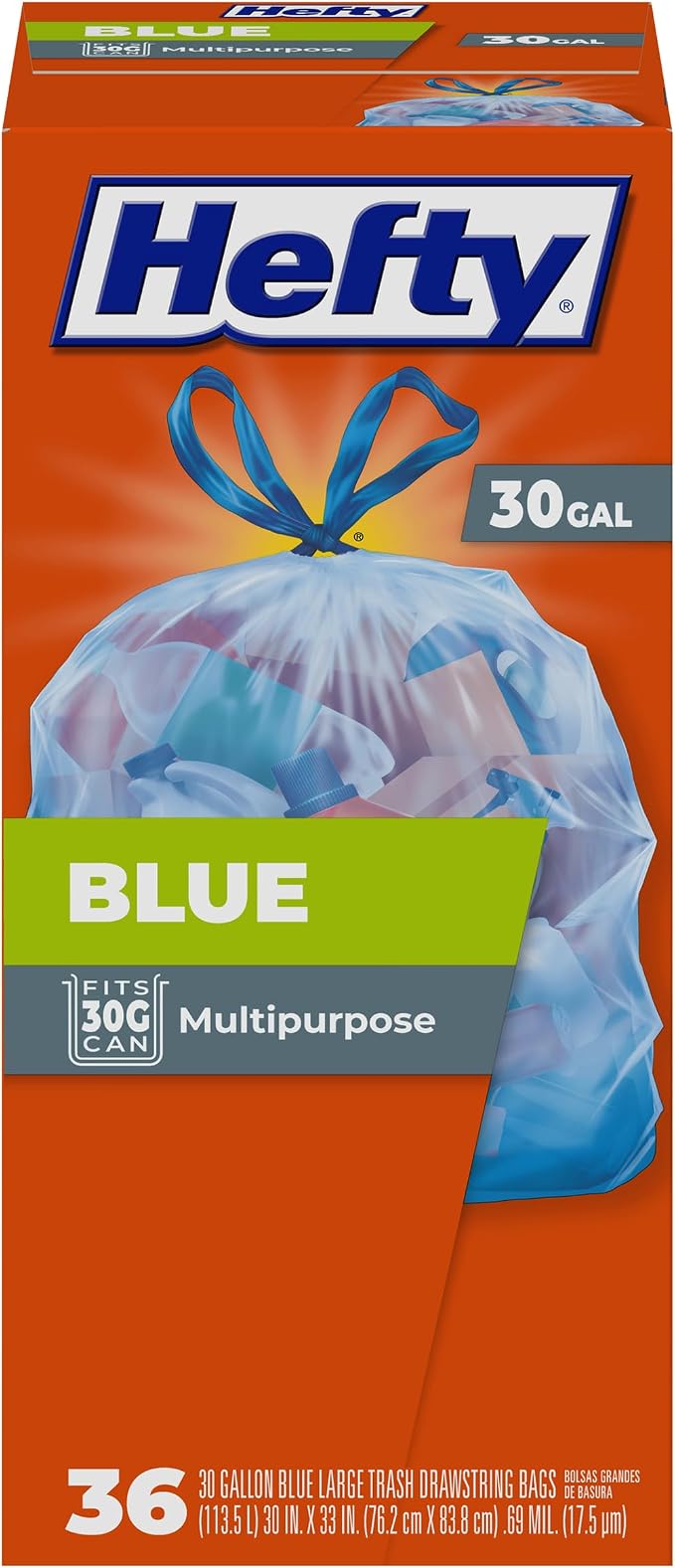 Hefty Large Blue Trash Bags, 30 Gallon, Unscented, 36ct | 30G Blue Trash Bags, Drawstring Closure, Puncture-Resistant, Use in Garage, Outdoors, or for Storage