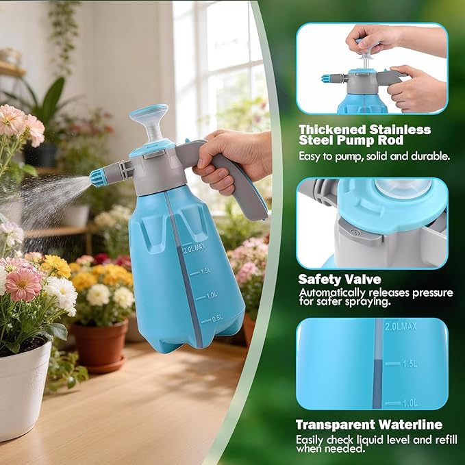 Hand Pump Sprayer 1/2 Gallon, Leak-Proof Plant Mister Spray Bottle | 2L Handheld Garden Pressure Sprayer, Lockable Spray Switch Design, Adjustable Nozzle, Extended Spray Rod, Lawn and Garden