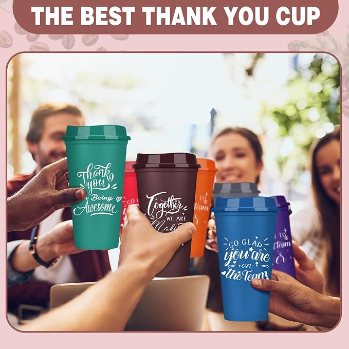 Pickmesh Housekeeping Employee Appreciation Gift Cup, Colorful, 15 Pcs | 16 oz Plastic Tumblers with Lids, Reusable Coffee Cups, Thank You Gifts, for Staff Volunteer Coworker Teacher