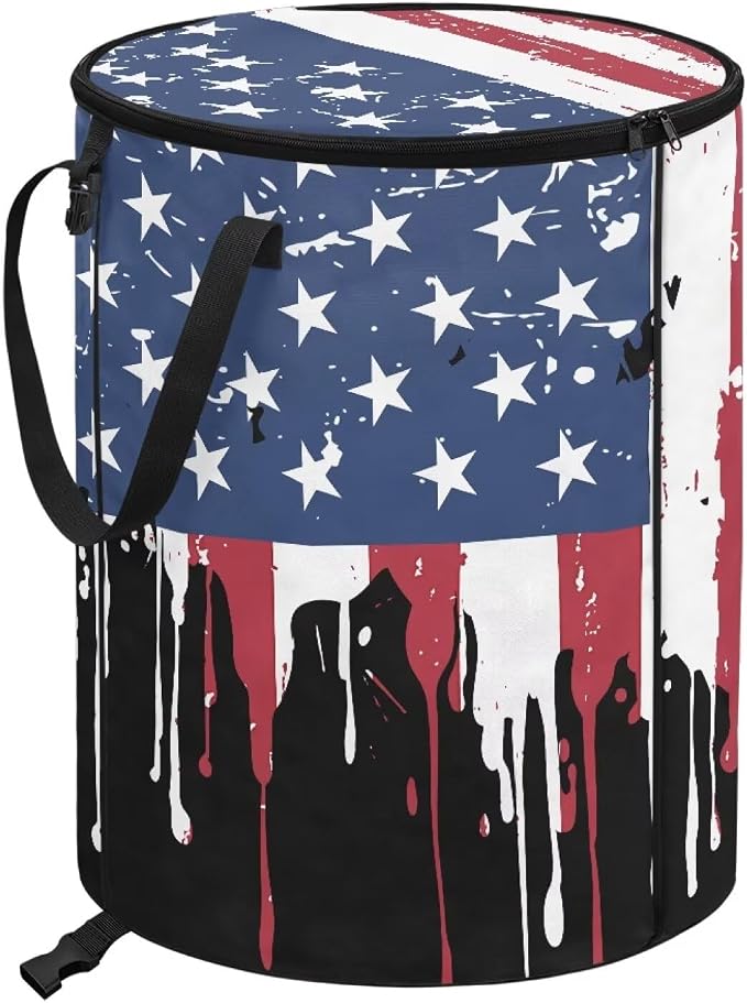 Retro American Flag Collapsible Trash Can 24 Gallon Foldable Garbage Bin with Lid, Heavy Duty Waterproof Trash Bag Holder for Outdoor Camping, RV, Picnic, Vintage Patriotic Design