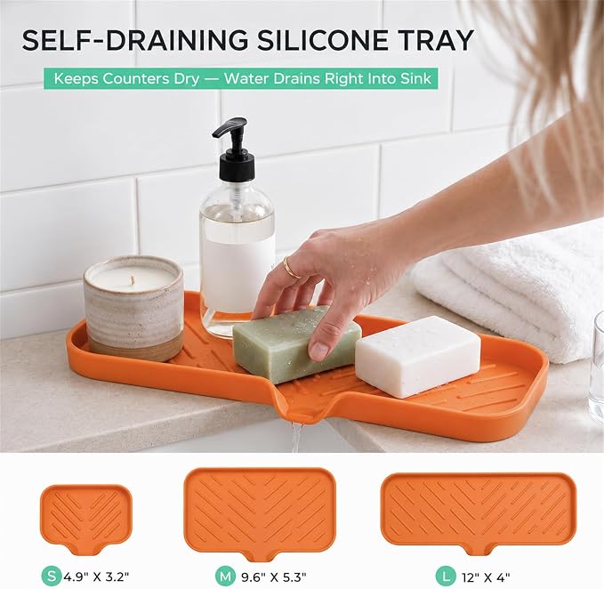 MicoYang Silicone Soap Dish with Drain Spout — Self-Draining Double Sink Organizer Tray for Kitchen & Bathroom, Dispensers, Sponges & Soap Holder, Non-Slip & Dishwasher Safe, Orange (Large, 12"×4")