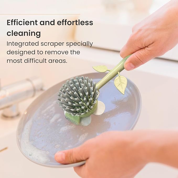 Vigar Florganic Dish Brush with Holder, Dish Scrubber, Orange | Dish Scrubber With Handle, Pot Scrubber, Kitchen Scrub Brush, Dishwashing Brush Tool for Sink Cleaning