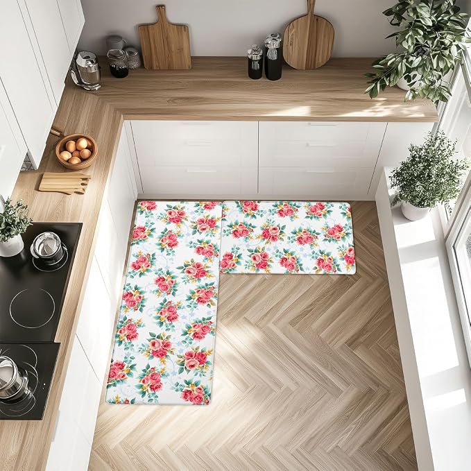 Feelyou Red Floral Kitchen Rugs Sets 2PCS Romantic Rose Flowers Kitchen Mats for Floor Blue White Plaid Reversible Patchwork Cushioned Anti Fatigue Waterproof Non-Slip Rugs Accessories