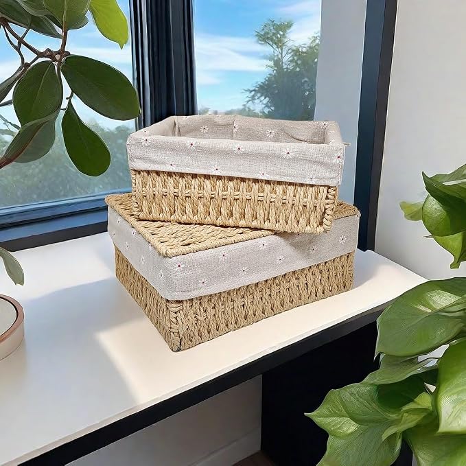 GIB Small Wicker Storage Baskets with Lid/Liner Woven Cute Decorative Boxes | Boho Paper Rope Baskets for Shelves Table Desktop Organizing, Bathrooom Makeup Organizer Storage Bins Container, Set of 3