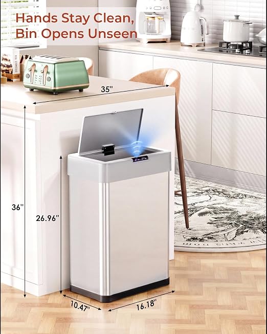 TLSUNNY 16 Gallon Motion Sensor Trash Can,Touchless Automatic Garbage Can | Brushed Stainless Steel Smart Bin, with Bag Holder,Soft Close Lid,for Kitchen,Office,RV,Bedroom,Living Room (Silver, 60L)