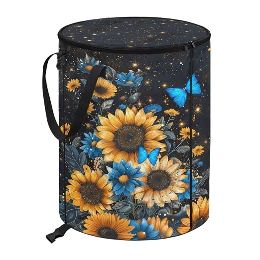 BIGCARJOB Sunflower Butterfly Camping Trash Can Outside Recycling Bin 22.83x17.71 in, Large Trash Can Pop Up Rubbish Bins with Clip and Zipper Lid(23 Gallons)