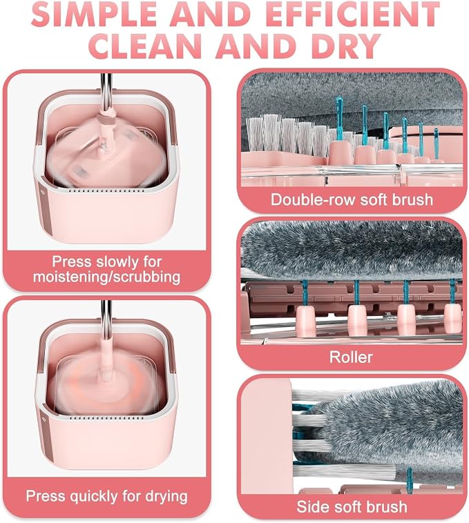 Spin Mop and Bucket System Kit, Self-Separating Cleaning Soil, Foldable Square Mop Bucket Head with Washable Interchangeable Mop Pads, Pink (Mop Set with 6PC Pads)