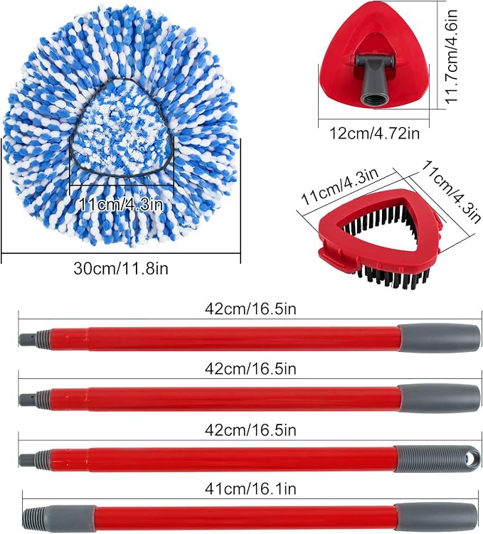 Spin Mop Handle Replacement for Ocedar, Mop Heads Replacements Compatible with RinseClean 2 Tank System,Include 2 Microfiber Mop Replace Heads,4 Section 30-58" Iron Mop Handle,1 Base and 1 Scrub Brush