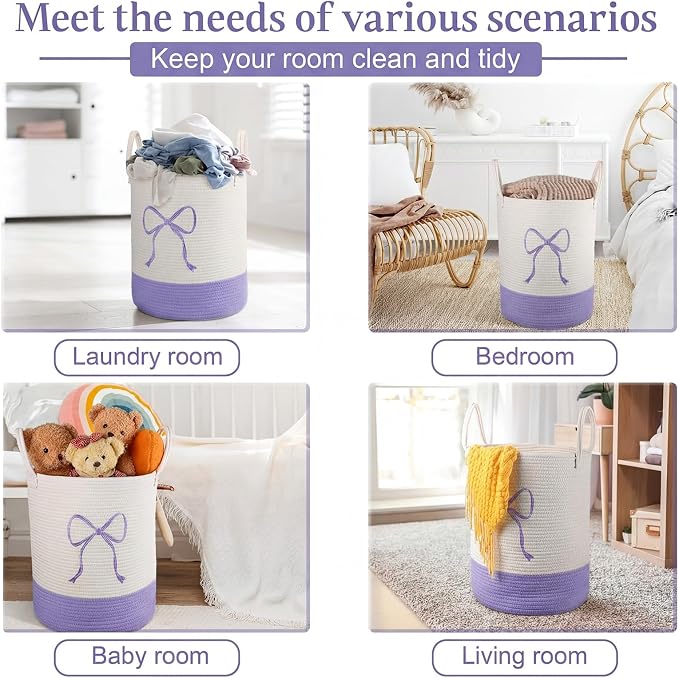 Honeydak Purple Laundry Basket Bow Hamper Coquette Laundry Basket Cotton Rope Purple Hamper 15 x 17.7 Inches Toy Box Large Coquette Bow Teens Girls Room Storage for Blanket Toys Clothes Organization