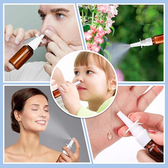 20 Pcs Nasal Spray Bottle, 10ML/0.35OZ 12Pcs Glass Brown Nasal Spray Bottles Empty with 4 Funnels and 4 Labels