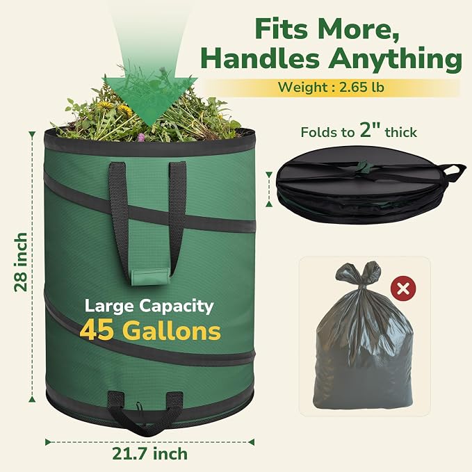 GreatBuddy Collapsible Trash Can 45 Gallon 2 Pack, Pop Up Yard Waste Bags, 600D Oxford Lawn and Leaf Bags with Drainage Holes, Self-Standing Camping Trash Can, Foldable Garden Bag for Leaf Cleanup