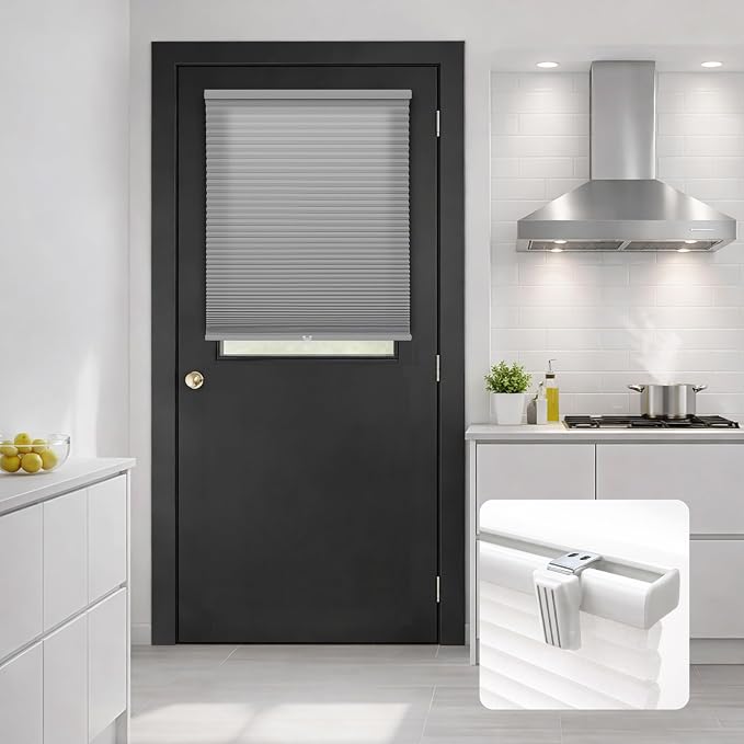 DEZ FURNISHINGS Cordless No Tools No Drill 1.5" Magnet Light Filtering Shades for Metal Doors, 25" W x 42" H, Anchor Gray