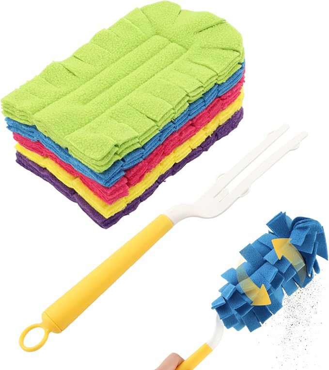 5 Pack Reusable Fleece Duster Refills, Washable Heavy Duty Duster Pads with Yellow Handle, 360 Cleaning Pads for Home Car Furniture Pet Household Use