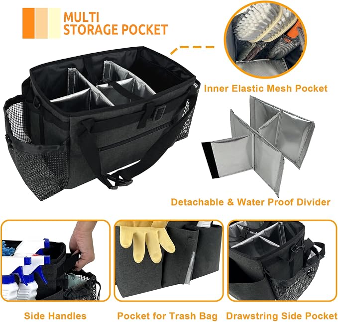 Large Cleaning Caddy Bag, Wearable Cleaning Supplies Organizer with Shoulder and Waist Straps, Multiple Compartments Tool Organizer with Detachable Divider for Cleaners (Black)