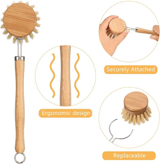 Patelai 8 Pieces Dish Brush with Wood Handle, Natural Dish Scrubber Brush Set Includes 7 Replacement Bristle Heads & 1 Bamboo Handle for Dishes, Pans, Pot, Fruit and Veggie
