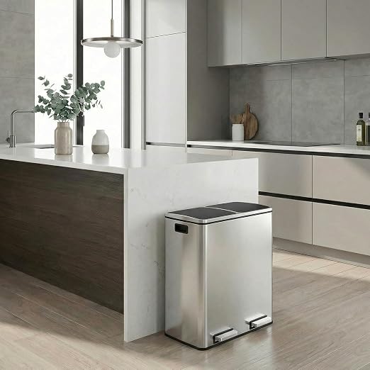 ComfyCorner 2 x 8 Gallon (2 x 30 L) Rectangular Stainless Steel Trash Can | Dual Compartment Garbage Bin with Recycling Combo, Metal Dustbin Lid,Removable Liner,Hands Free Waste Bucket for Kitchen Home