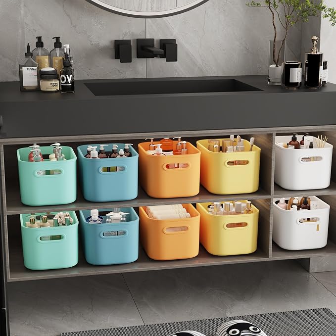 ORGIDOL 10 Pack Colorful Plastic Storage Bins, Storage Container for Organizing, Colored Storage Boxes with Handle for Shelves, Cute Organizer Bins for Craft, Snacks, Cabinet, 9.69x6.7x5.7 inch