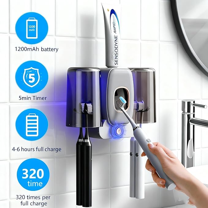 Rechargeable Toothbrush Holder,Wall Mounted Automatic Toothbrush Cleaning Tool with Toothpaste Dispenser & 2 Cups, No Drilling Bathroom Organizer for Family (White)