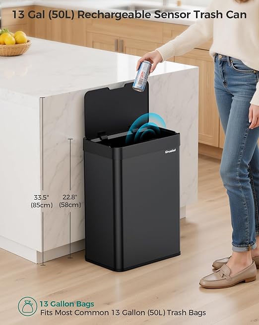 13 Gallon Automatic Kitchen Trash Can,Touchless Sensor Garbage Can,Black | Built‑in 1500mAh Rechargeable Battery,Stainless Steel Motion Sensor Trash Can, Silent Close Lid Smart Trash Bin for Home