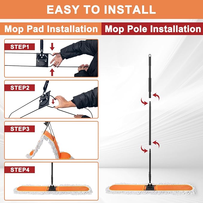 48" Commercial Dust Mop, Heavy Duty Floor Duster with 60" Long Handle | Industrial Wet Dry Sweeper Mop with 2 Reusable Mop Pads for Janitor Indoor Warehouse Gym Hotel Clean