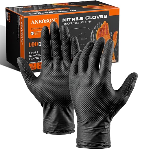 10 Mil Heavy Duty Mechanic Nitrile Gloves, XLarge Black 100 Count | Diamond Grip,Latex Free,Chemical Resistant Disposable Thick Rubber Gloves for Auto Repair, Industrial, Food, Work ,BBQ,Men