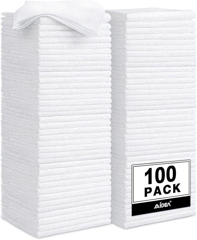 AIDEA White Microfiber Cleaning Cloth, 100PK, Cleaning Rags, 11.5"×11.5" | Microfiber Towels for Cars, White Shop Towels, Lint Free Cleaning Towels for House, Kitchen, Cleaning Supplies Shop Rags