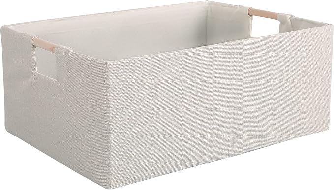 Fabric Storage Box, 13x9in Foldable Cotton Linen Basket with Wooden Handle | Small Rectangular Cube Decorative Home Laundry Organizer Clothes Blanket Container Organizing Clothes Sheets Jeans, Beige